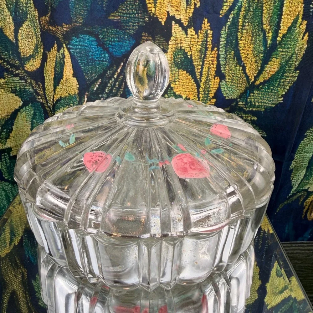 Vintage Hand‎ Painted Pink Rose Ribbed Clear Glass Candy Dish with Lid 5x6